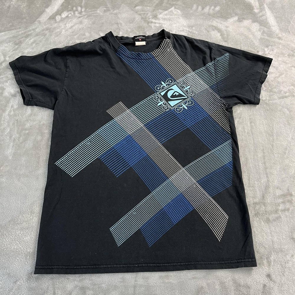 Quiksilver Shirt Medium Black Blue Plaid Grid Logo Surf Skate Graphic Tee Y2K